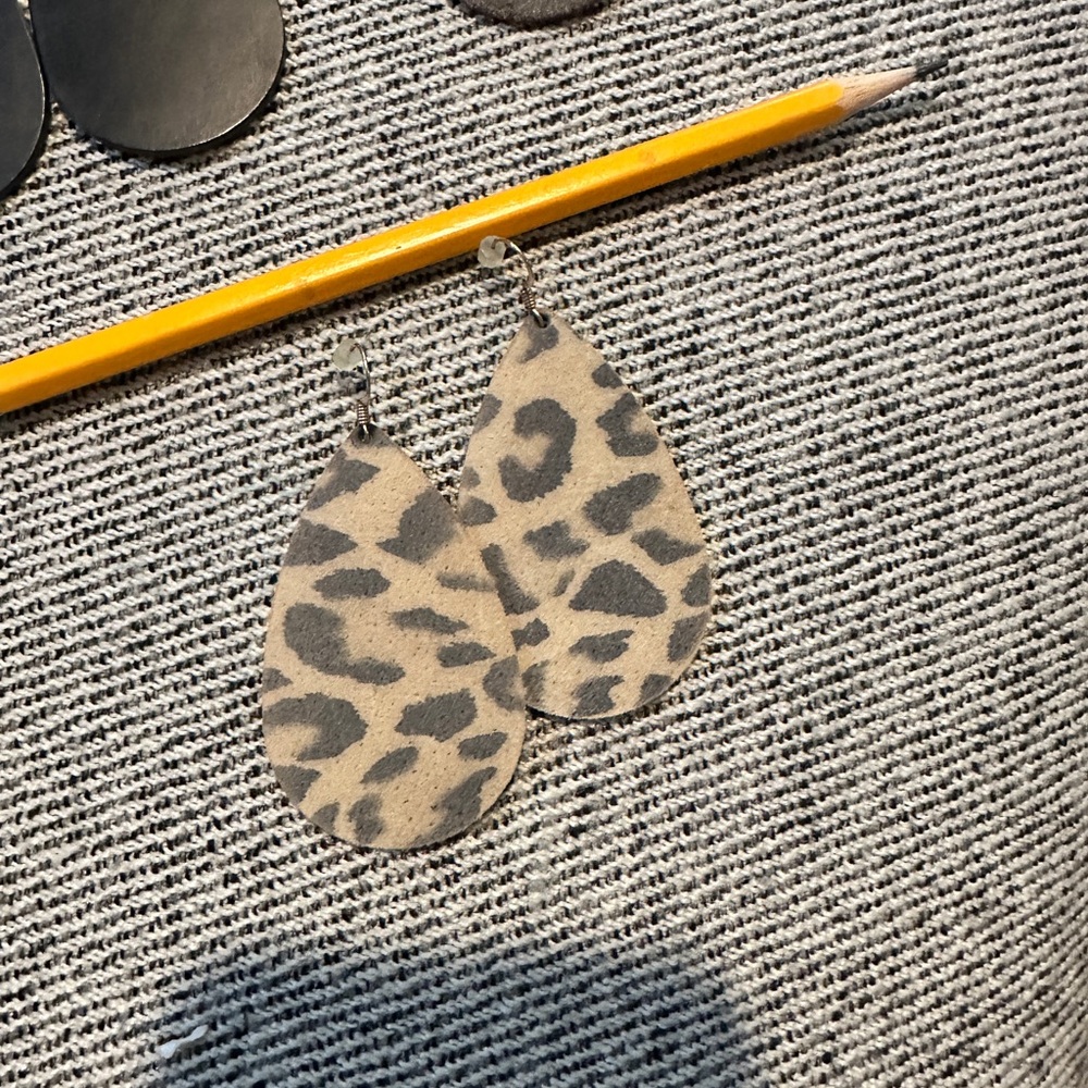 Nickel and Suede Leopard Print Teardrop Earrings